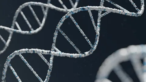 Blå och vit DNA-spiral mot mörk bakgrund