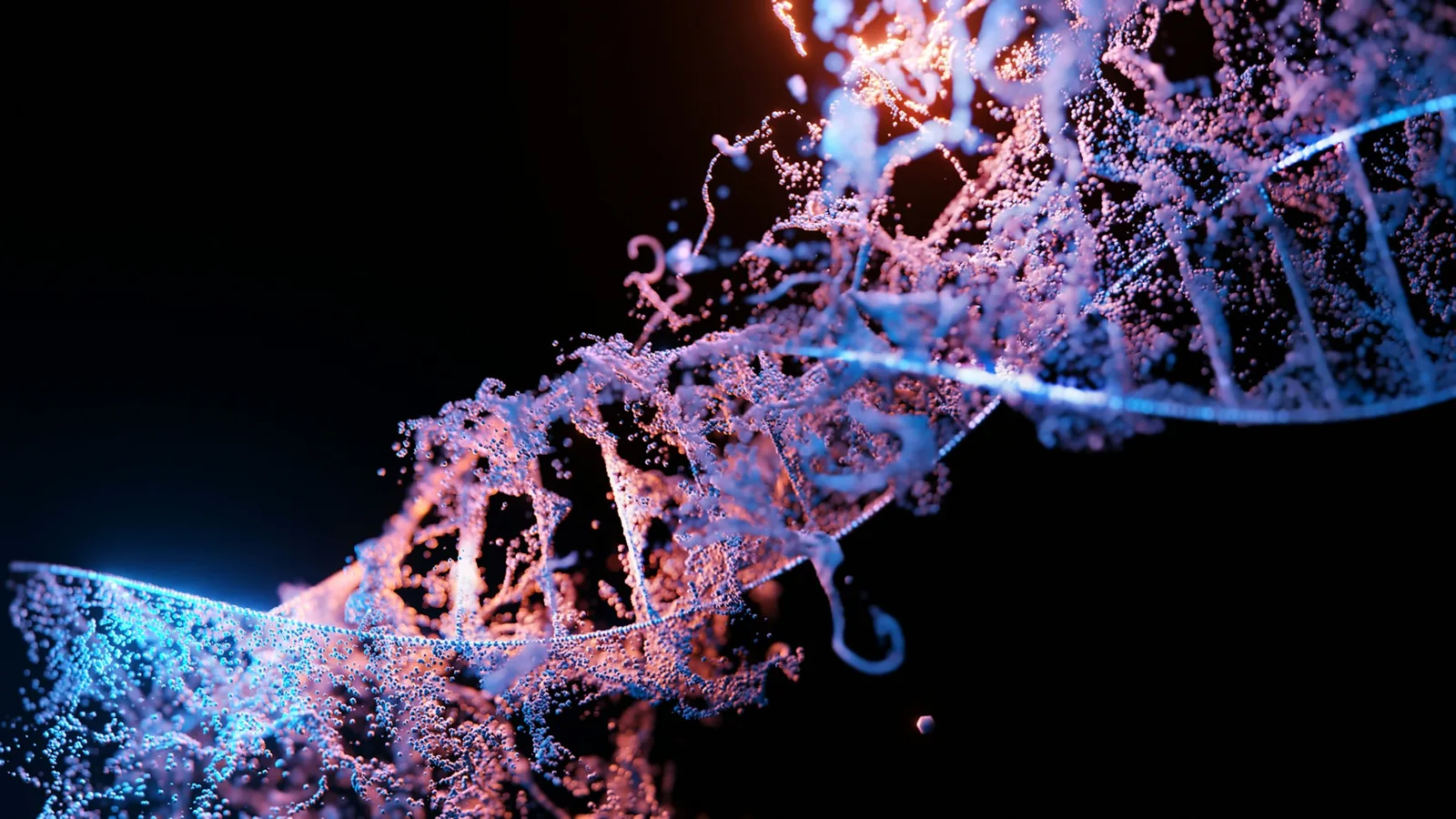 En lysande DNA-spiral i blått och lila mot en svart bakgrund